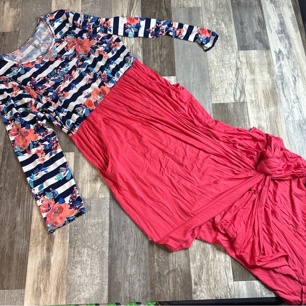 Celeste Navy Floral Striped Bodice with Coral Pink Maxi Skirt Dress